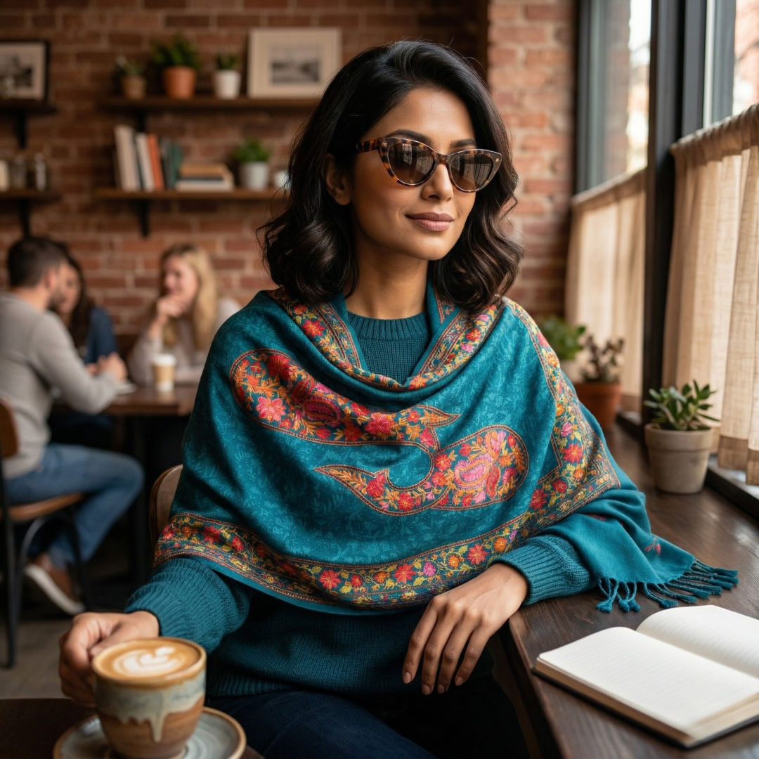 Teal Wool Shawl With Contrast Embroidery